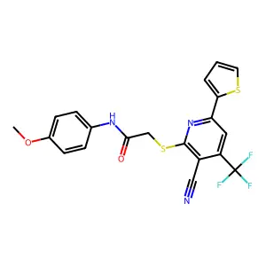 2-((3-Cyano-6-(2-thienyl)-4-(tri-F-ME)-2-pyridinyl)thio)-N-(4-meo-PH)acetamide structure