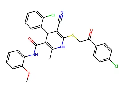 4-(2-chlorophenyl)-6-{[2-(4-chlorophenyl)-2-oxoethyl]sulfanyl}-5-cyano-N-(2-methoxyphenyl)-2-methyl-1,4-dihydropyridine-3-carboxamide structure
