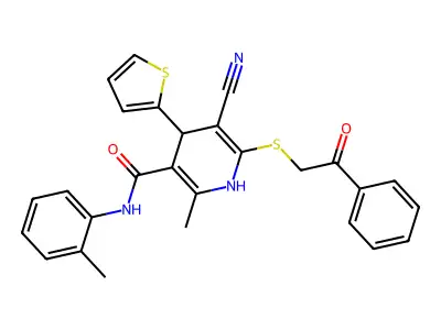 5-cyano-2-methyl-N-(2-methylphenyl)-6-[(2-oxo-2-phenylethyl)sulfanyl]-4-(thiophen-2-yl)-1,4-dihydropyridine-3-carboxamide structure