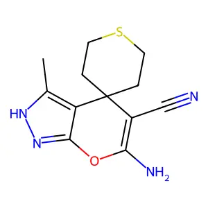 6-amino-3-methylspiro[2H-pyrano[2,3-c]pyrazole-4,4'-thiane]-5-carbonitrile structure