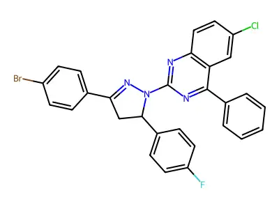 2-[3-(4-bromophenyl)-5-(4-fluorophenyl)-4,5-dihydro-1H-pyrazol-1-yl]-6-chloro-4-phenylquinazoline structure