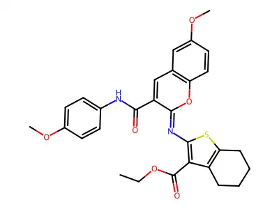 ethyl 2-[[6-methoxy-3-[(4-methoxyphenyl)carbamoyl]chromen-2-ylidene]amino]-4,5,6,7-tetrahydro-1-benzothiophene-3-carboxylate structure