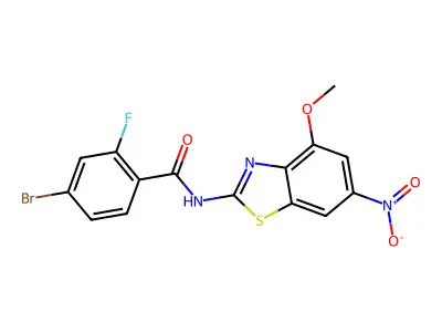 4-bromo-2-fluoro-N-(4-methoxy-6-nitro-1,3-benzothiazol-2-yl)benzamide structure