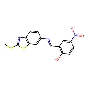 (E)-2-(((2-(methylthio)benzo[d]thiazol-6-yl)imino)methyl)-4-nitrophenol structure
