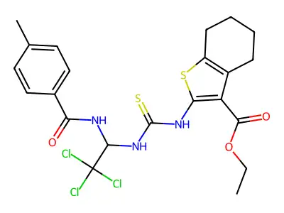 ethyl 2-(3-(2,2,2-trichloro-1-(4-methylbenzamido)ethyl)thioureido)-4,5,6,7-tetrahydrobenzo[b]thiophene-3-carboxylate structure