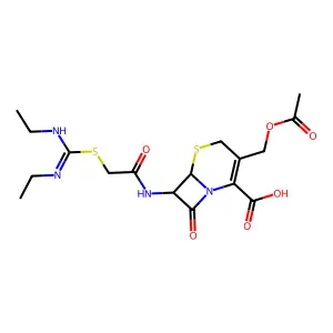 3-(acetyloxymethyl)-7-[[2-(N,N'-diethylcarbamimidoyl)sulfanylacetyl]amino]-8-oxo-5-thia-1-azabicyclo[4.2.0]oct-2-ene-2-carboxylic acid structure
