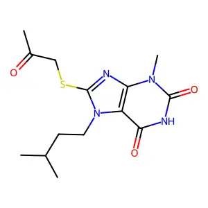 7-isopentyl-3-methyl-8-((2-oxopropyl)thio)-1H-purine-2,6(3H,7H)-dione structure