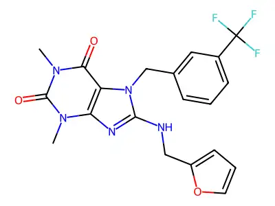 8-[(furan-2-ylmethyl)amino]-1,3-dimethyl-7-[3-(trifluoromethyl)benzyl]-3,7-dihydro-1H-purine-2,6-dione structure