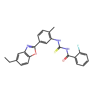 N-[[5-(5-ethyl-1,3-benzoxazol-2-yl)-2-methylphenyl]carbamothioyl]-2-fluorobenzamide structure