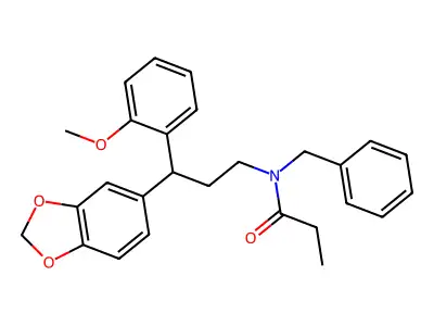 N-[3-(1,3-benzodioxol-5-yl)-3-(2-methoxyphenyl)propyl]-N-benzylpropanamide structure