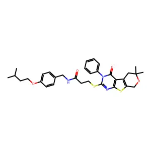 3-((6,6-dimethyl-4-oxo-3-phenyl-4,5,6,8-tetrahydro-3H-pyrano[4',3':4,5]thieno[2,3-d]pyrimidin-2-yl)thio)-N-(4-(isopentyloxy)benzyl)propanamide structure