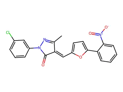 (E)-1-(3-chlorophenyl)-3-methyl-4-((5-(2-nitrophenyl)furan-2-yl)methylene)-1H-pyrazol-5(4H)-one structure