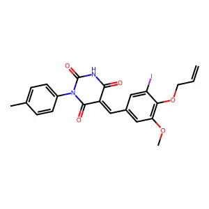 (5E)-5-[(3-iodo-5-methoxy-4-prop-2-enoxyphenyl)methylidene]-1-(4-methylphenyl)-1,3-diazinane-2,4,6-trione structure