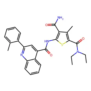 2-N,2-N-diethyl-3-methyl-5-[[2-(2-methylphenyl)quinoline-4-carbonyl]amino]thiophene-2,4-dicarboxamide structure