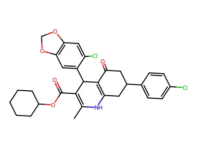 cyclohexyl 4-(6-chloro-1,3-benzodioxol-5-yl)-7-(4-chlorophenyl)-2-methyl-5-oxo-1,4,5,6,7,8-hexahydroquinoline-3-carboxylate structure