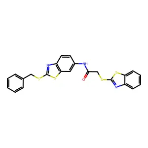 2-(1,3-benzothiazol-2-ylsulfanyl)-N-[2-(benzylsulfanyl)-1,3-benzothiazol-6-yl]acetamide structure