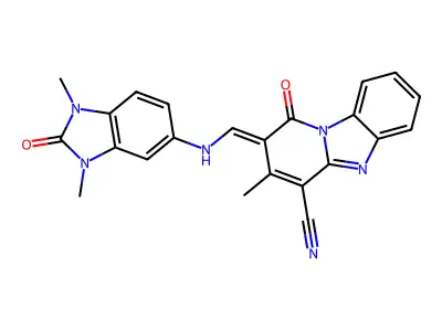 (E)-2-(((1,3-dimethyl-2-oxo-2,3-dihydro-1H-benzo[d]imidazol-5-yl)imino)methyl)-3-methyl-1-oxo-1,5-dihydrobenzo[4,5]imidazo[1,2-a]pyridine-4-carbonitrile structure
