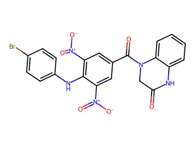 4-(4-((4-bromophenyl)amino)-3,5-dinitrobenzoyl)-3,4-dihydroquinoxalin-2(1H)-one structure