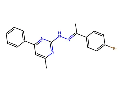 N-[(E)-1-(4-bromophenyl)ethylideneamino]-4-methyl-6-phenylpyrimidin-2-amine structure