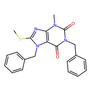 1,7-dibenzyl-3-methyl-8-(methylsulfanyl)-3,7-dihydro-1H-purine-2,6-dione structure