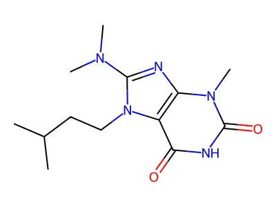 8-(dimethylamino)-7-isopentyl-3-methyl-1H-purine-2,6(3H,7H)-dione structure