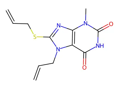 7-allyl-8-(allylsulfanyl)-3-methyl-3,7-dihydro-1H-purine-2,6-dione structure