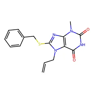 7-allyl-8-(benzylthio)-3-methyl-1H-purine-2,6(3H,7H)-dione structure