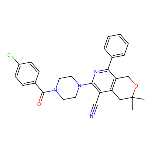6-(4-(4-chlorobenzoyl)piperazin-1-yl)-3,3-dimethyl-8-phenyl-3,4-dihydro-1H-pyrano[3,4-c]pyridine-5-carbonitrile structure