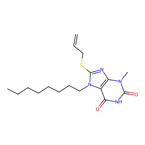 3-Methyl-7-octyl-8-prop-2-enylthio-1,3,7-trihydropurine-2,6-dione structure