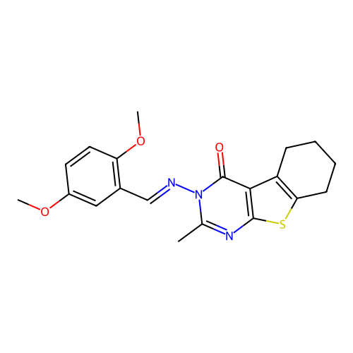 3-[(2,5-dimethoxybenzylidene)amino]-2-methyl-5,6,7,8-tetrahydro[1]benzothieno[2,3-d]pyrimidin-4(3H)-one structure