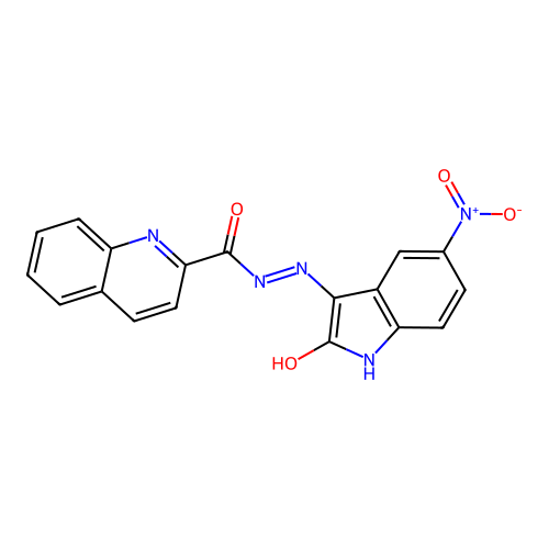 N'-[(3E)-5-nitro-2-oxo-1,2-dihydro-3H-indol-3-ylidene]quinoline-2-carbohydrazide structure