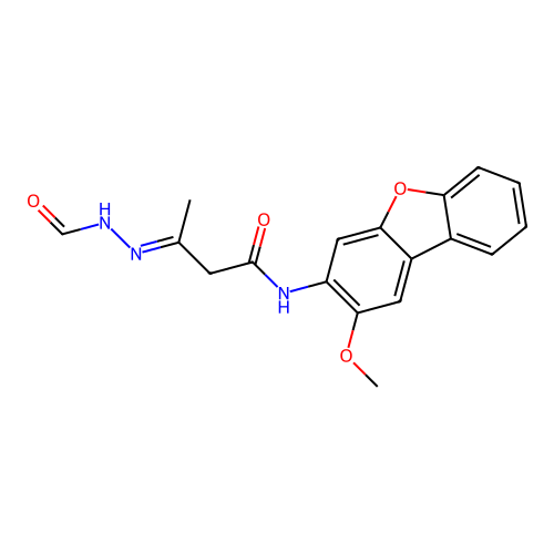 (3E)-3-(2-formylhydrazinylidene)-N-(2-methoxydibenzo[b,d]furan-3-yl)butanamide structure