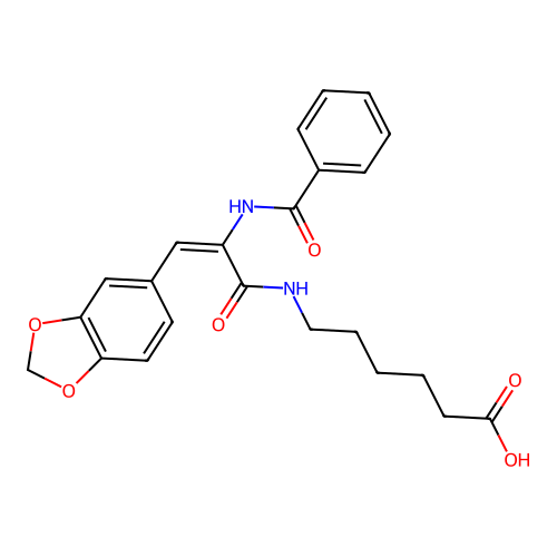 (E)-6-(2-benzamido-3-(benzo[d][1,3]dioxol-5-yl)acrylamido)hexanoic acid structure
