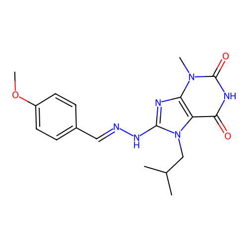 (E)-7-isobutyl-8-(2-(4-methoxybenzylidene)hydrazinyl)-3-methyl-1H-purine-2,6(3H,7H)-dione structure