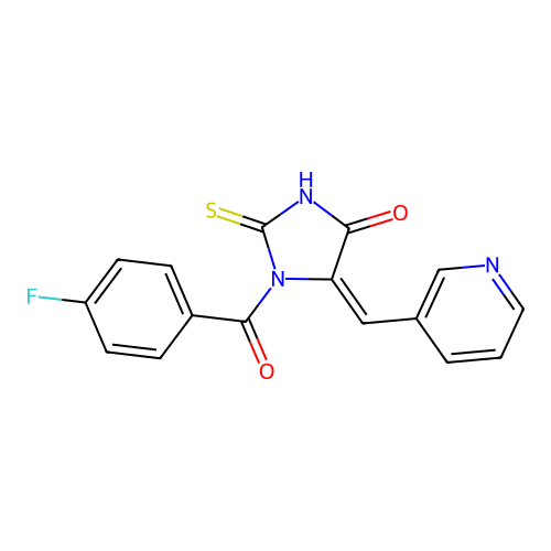 (5E)-1-[(4-fluorophenyl)carbonyl]-5-(pyridin-3-ylmethylidene)-2-thioxoimidazolidin-4-one structure