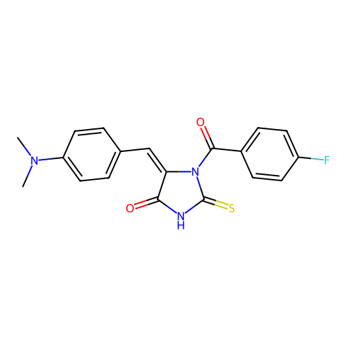 (E)-5-(4-(dimethylamino)benzylidene)-1-(4-fluorobenzoyl)-2-thioxoimidazolidin-4-one structure