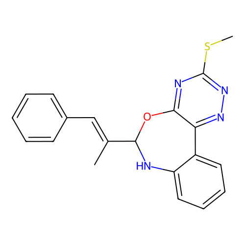6-(1-methyl-2-phenylvinyl)-3-(methylsulfanyl)-6,7-dihydro[1,2,4]triazino[5,6-d][3,1]benzoxazepine structure