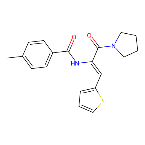 4-methyl-N-(3-oxo-3-(pyrrolidin-1-yl)-1-(thiophen-2-yl)prop-1-en-2-yl)benzamide structure