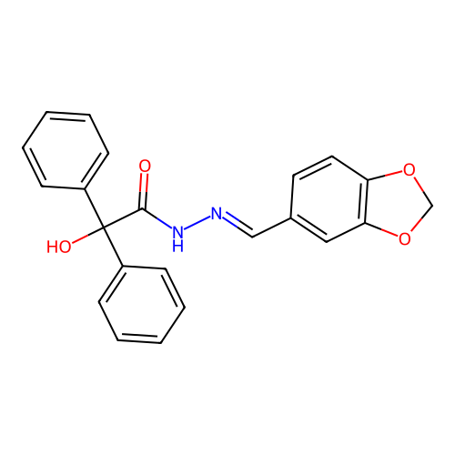 N-[(E)-1,3-benzodioxol-5-ylmethylideneamino]-2-hydroxy-2,2-diphenylacetamide structure