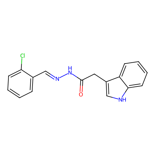 N-[(2-chlorophenyl)methylideneamino]-2-(1H-indol-3-yl)acetamide structure