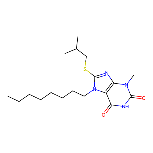 3-Methyl-8-(2-methylpropylthio)-7-octyl-1,3,7-trihydropurine-2,6-dione structure