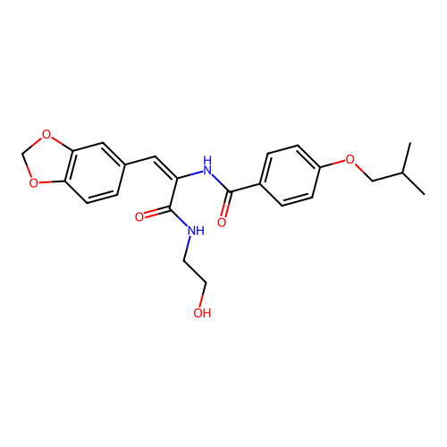 (E)-N-(1-(benzo[d][1,3]dioxol-5-yl)-3-((2-hydroxyethyl)amino)-3-oxoprop-1-en-2-yl)-4-isobutoxybenzamide structure