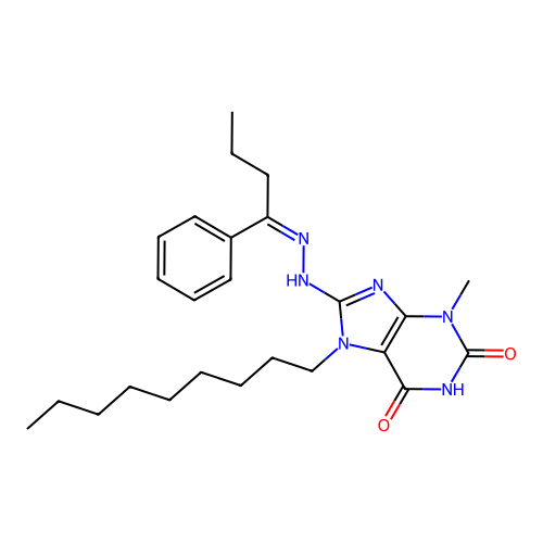 (Z)-3-methyl-7-nonyl-8-(2-(1-phenylbutylidene)hydrazinyl)-1H-purine-2,6(3H,7H)-dione structure