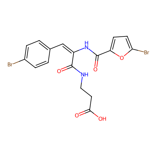 (E)-3-(2-(5-bromofuran-2-carboxamido)-3-(4-bromophenyl)acrylamido)propanoic acid structure