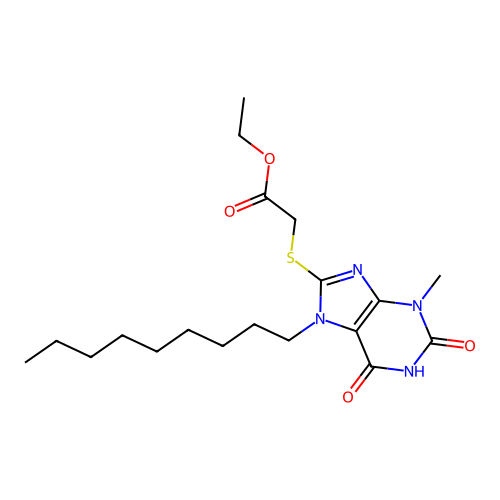 Ethyl 2-(3-methyl-7-nonyl-2,6-dioxo-1,3,7-trihydropurin-8-ylthio)acetate structure