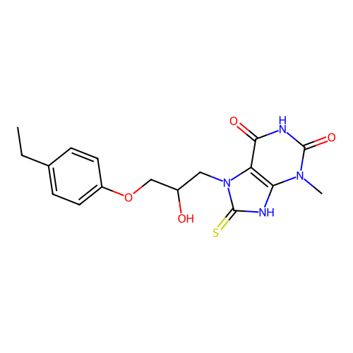 7-(3-(4-ethylphenoxy)-2-hydroxypropyl)-8-mercapto-3-methyl-1H-purine-2,6(3H,7H)-dione structure