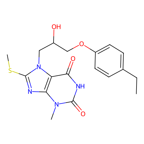 7-(3-(4-ethylphenoxy)-2-hydroxypropyl)-3-methyl-8-(methylthio)-1H-purine-2,6(3H,7H)-dione structure