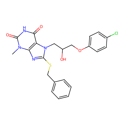 8-benzylsulfanyl-7-[3-(4-chlorophenoxy)-2-hydroxy-propyl]-3-methyl-purine-2,6-dione structure