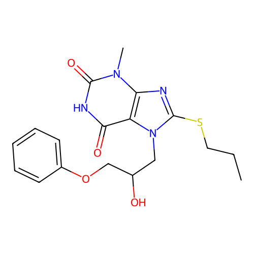 7-(2-hydroxy-3-phenoxypropyl)-3-methyl-8-(propylsulfanyl)-3,7-dihydro-1H-purine-2,6-dione structure