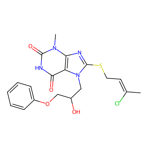 8-[(Z)-3-chlorobut-2-enyl]sulfanyl-7-(2-hydroxy-3-phenoxypropyl)-3-methylpurine-2,6-dione structure